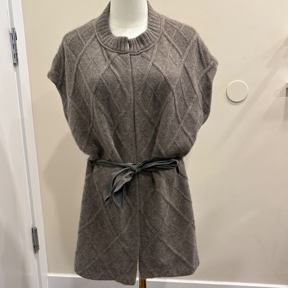 White + Warren Cashmere Diamond Cable Knit‎ Belted Vest Cardigan Sweater Taupe M